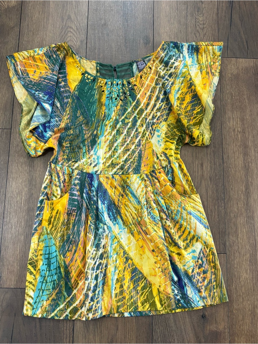 Free People Vibrant Abstract Print Mini Dress, Embellished Neck, Pockets, Size 4